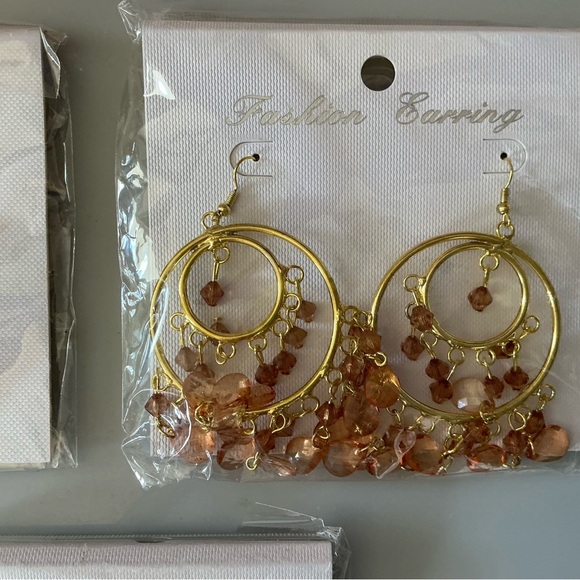 Gold Hoop Earrings with Red Bead Fringe - Picture 3 of 4